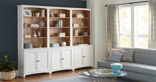 Hoot Judkins Solid Wood Bookcases, Unfinished Wood Bookcase With Glass Doors And Drawers