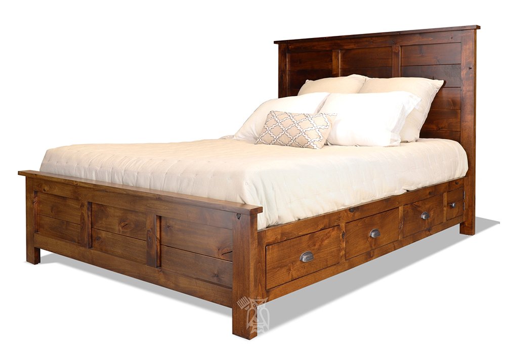 California Made Rustic Knotty Alder Wood Queen Storage Bed In Coffee Finish Odc S Hoot Judkins Furniture California Made Rustic Knotty Alder, California King Size Captains Bed