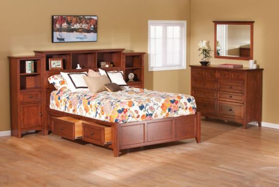 Alder Wood Mckenzie Queen Storage Bed, Solid Wood Queen Bed With Bookcase Headboard