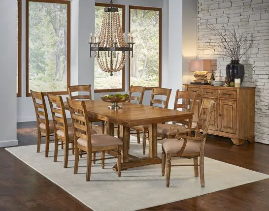 Solid wood trestle outlet dining table set