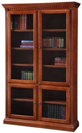 Cherry Wood Crown Molding Bookcase, Shaker Bookcase With Glass Doors