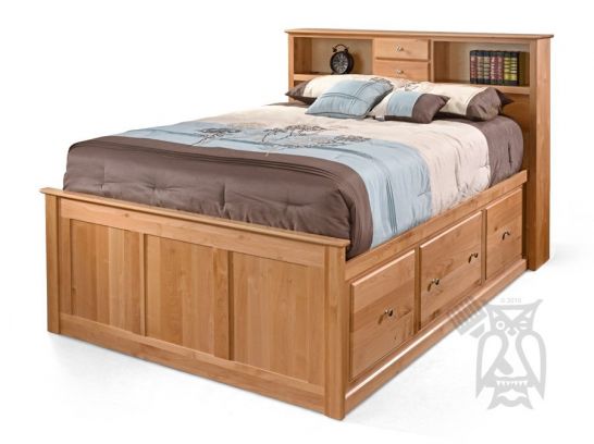 Solid Alder Wood Shaker Queen 9 Drawer, Platform Bed With Bookcase Headboard