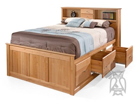 Solid Alder Wood Shaker Queen 9 Drawer Storage Bed With Bookcase Headboard In Natural Finish Archbold Furniture Hoot Judkins Solid Alder Wood Shaker Queen 9 Drawer, Twin Platform Bed With Storage And Bookcase Headboard
