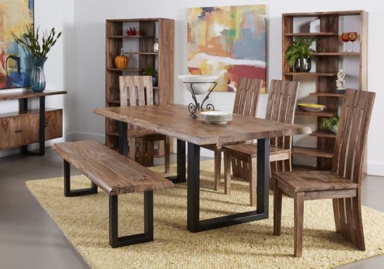 Solid Sheesham Wood Live Edge Table, Head Of Table Dining Room Chairs And Bench Set