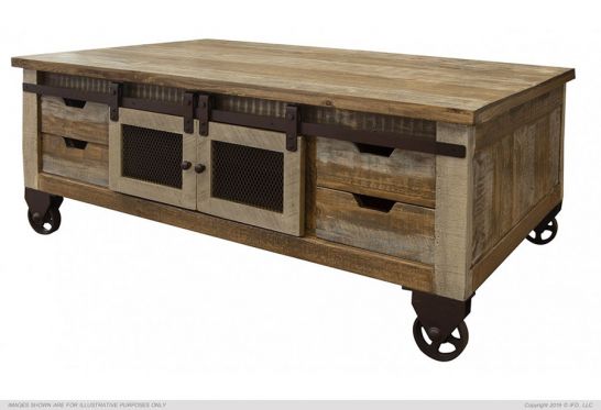 Pine Wood Antique Storage Coffee Table, Side Table With Sliding Doors