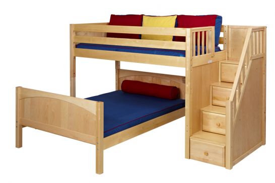 Solid Wood Framed Wiggle Low Bunk Bed, Twin Over Full Bunk Bed With Stairs Solid Wood