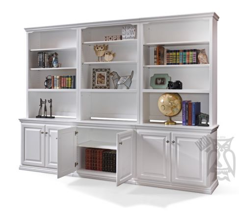 California Made Alder Wood Traditional, White Tall Bookcase With 2 Shaker Doors