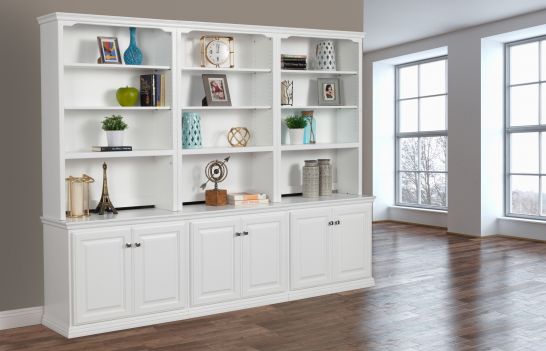 108 Bookcase Wall System, White Wood Bookcase With Doors